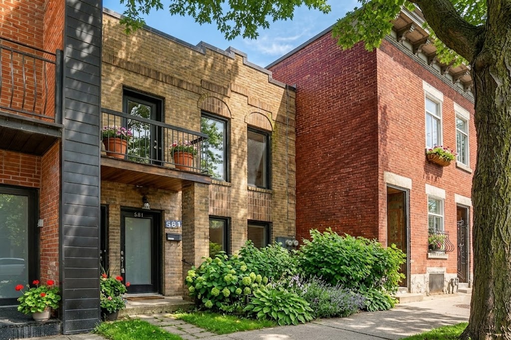 Exterior view of a typical duplex in Montreal's southwest, in the Pointe-Saint-Charles neighborhood, featuring a wrought-iron balcony